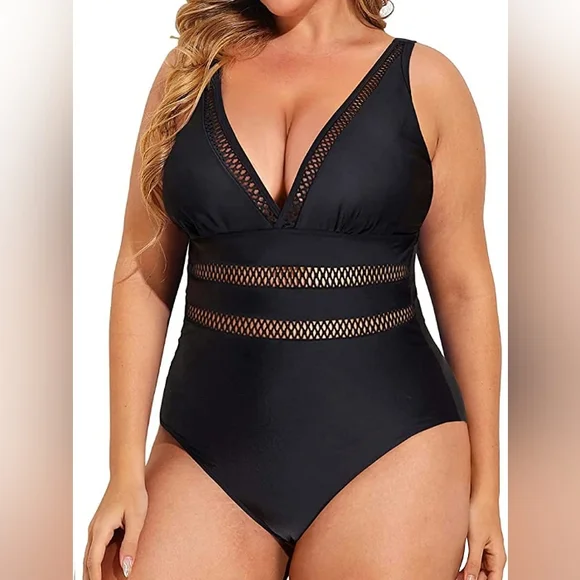 DACI V-Neck Crochet Picou Lace Insert Bathing Suit Swimsuit Curvy Plus NWT - Picture 1 of 13